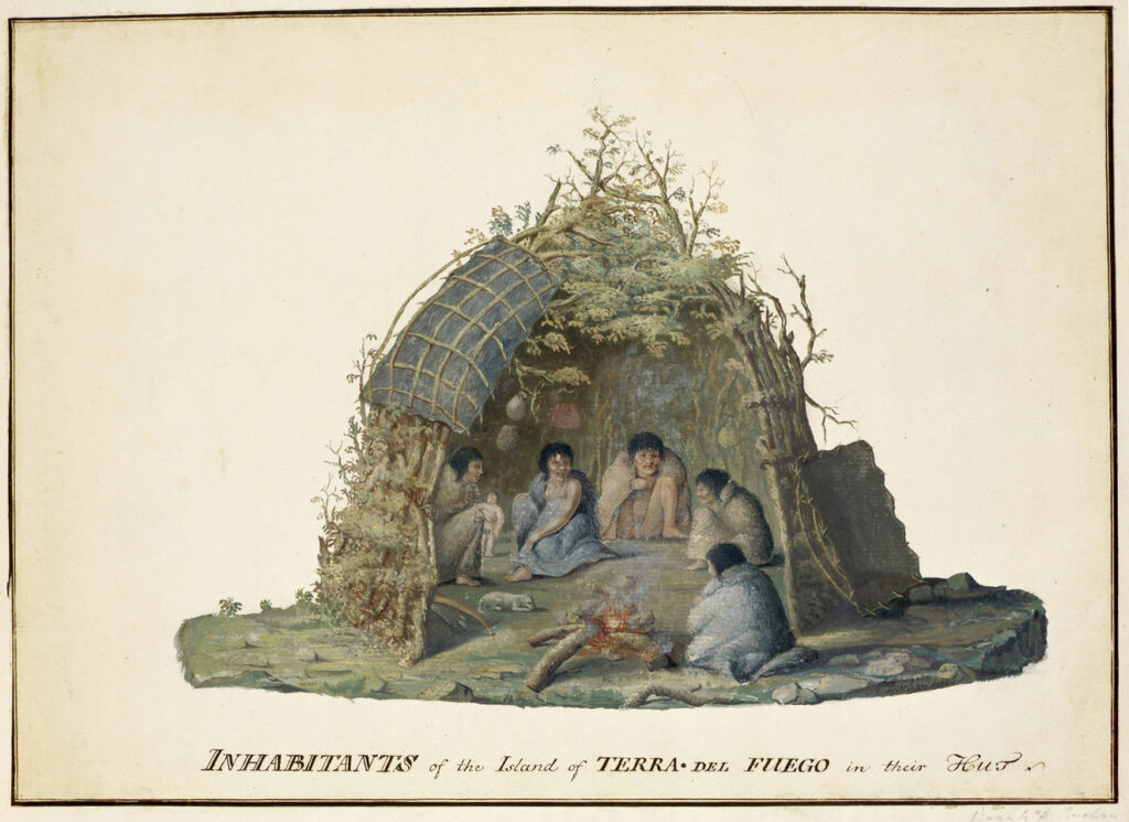 Inhabitants of the island of Tierra del Fuego, in their hut, by Alexander Buchan, January 1769.